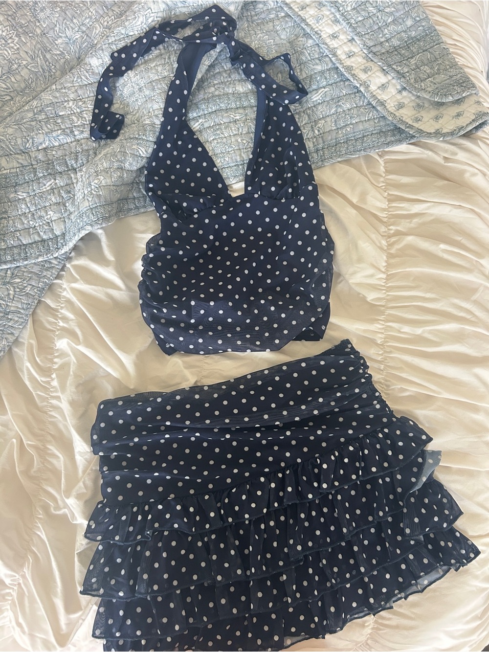 navy and white polka dot set